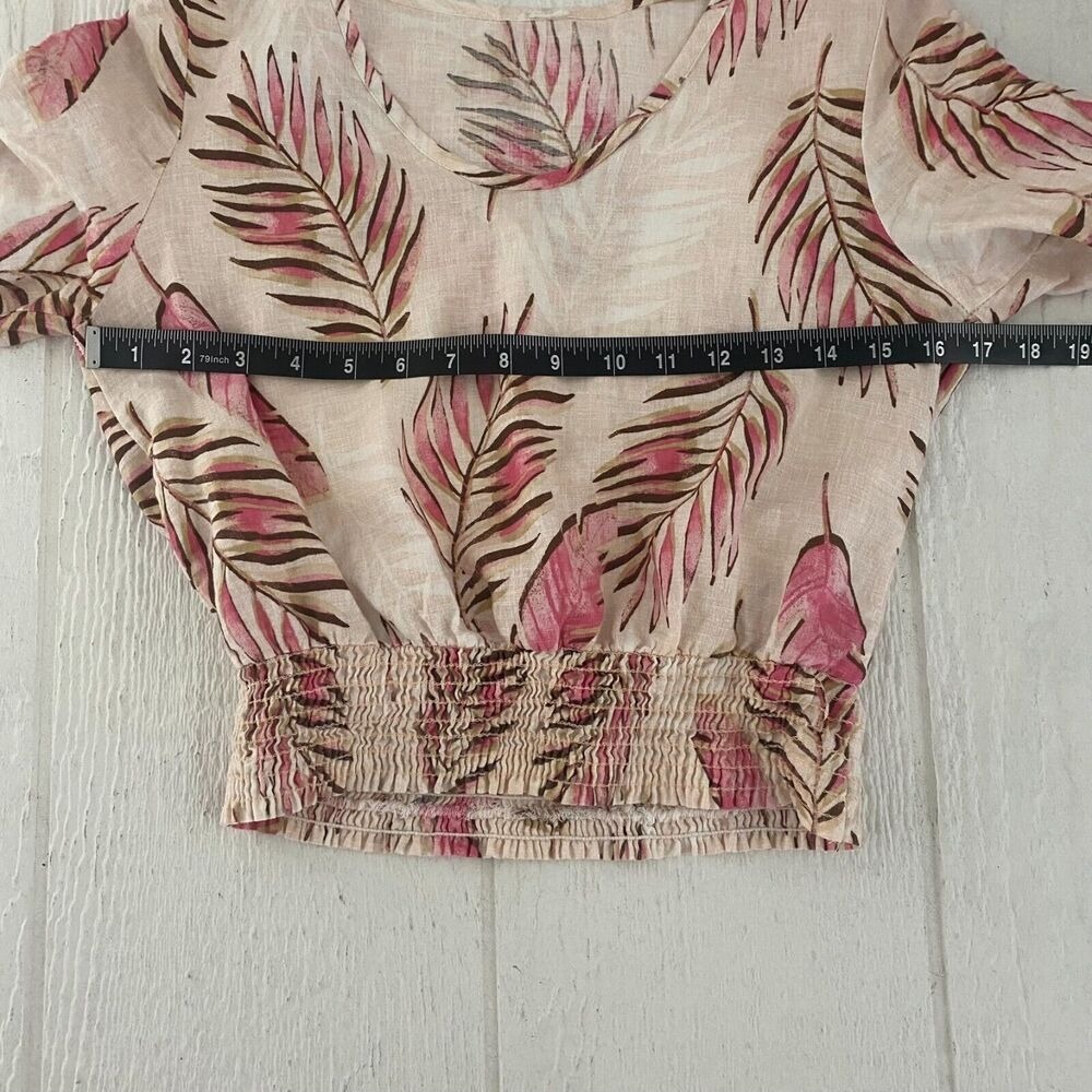 Tropical Print Women Crop Top Small Tie Sleeves Smocked Waist Barbie Vaca Resort - Picture 7 of 10